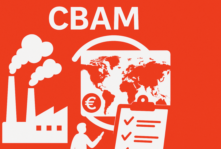 Infografik zum Thema CBAM (Carbon Border Adjustment Mechanism) auf rotem Hintergrund. Zu sehen sind weiße Icons einer rauchenden Fabrik, einer Weltkarte mit Euro-Symbol und eines Klemmbretts mit Checkliste.