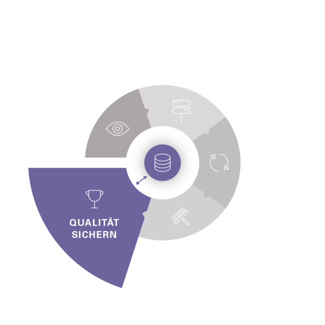 Kreisdiagramm eines mehrstufigen Prozesses. Das Segment „Qualität sichern“ ist violett hervorgehoben und zeigt ein Pokal-Icon.