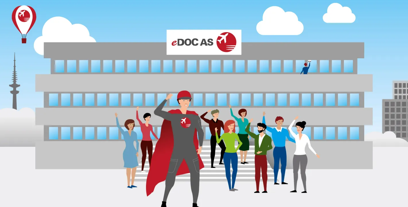 Comic-Illustration eines Firmengebäudes mit dem Logo „eDOC AS“. Davor steht eine Gruppe winkender Mitarbeiter, angeführt von einer zentralen Figur im Superhelden-Kostüm mit rotem Cape.