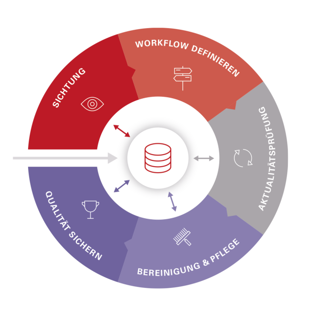 Kreisdiagramm des Gesamtprozesses mit fünf farbigen Segmenten: Sichtung, Workflow definieren, Aktualitätsprüfung, Bereinigung & Pflege sowie Qualität sichern.