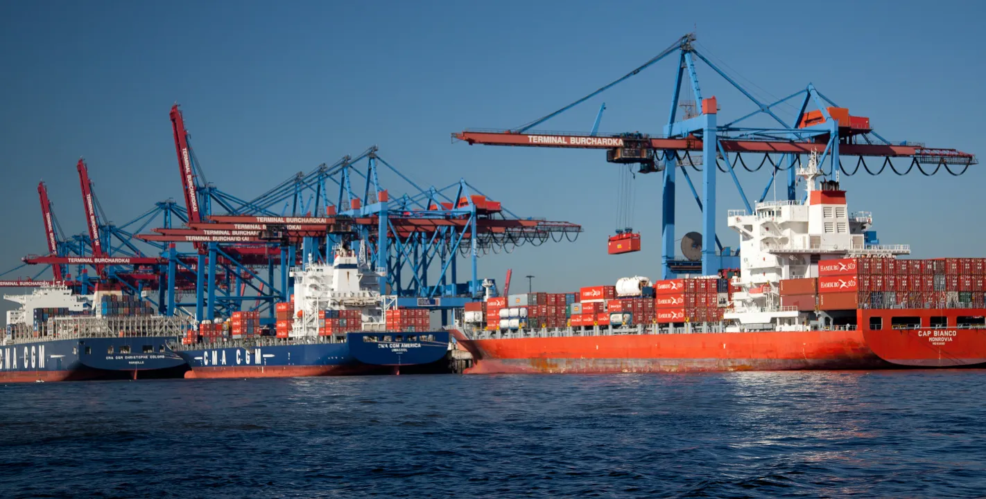 Drei große Containerschiffe der Reedereien CMA CGM und Cap Bianco liegen nebeneinander an den Verladekranen des Terminals Burchardkai.