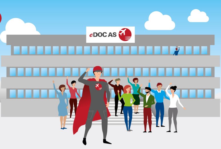 Comic-Illustration eines Firmengebäudes mit dem Logo „eDOC AS“. Davor steht eine Gruppe winkender Mitarbeiter, angeführt von einer zentralen Figur im Superhelden-Kostüm mit rotem Cape.
