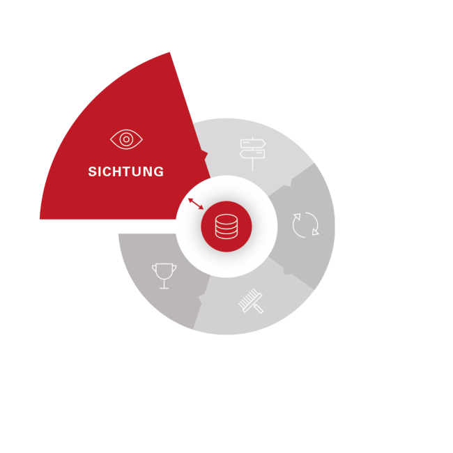 Kreisdiagramm eines mehrstufigen Prozesses. Das Segment „Sichtung“ ist rot hervorgehoben und zeigt ein Auge-Icon. Die übrigen fünf Segmente sind grau hinterlegt.