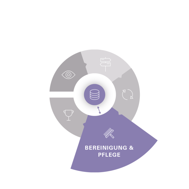Kreisdiagramm eines mehrstufigen Prozesses. Das Segment „Bereinigung & Pflege“ ist violett hervorgehoben und zeigt ein Besen-Icon.