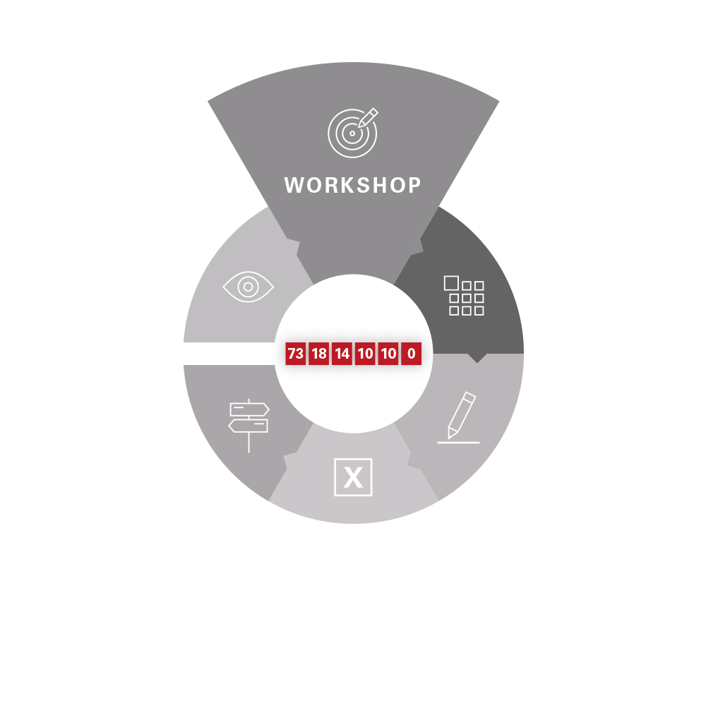 Infografik eines kreisförmigen Workflows in Graustufen. Das obere Segment „Workshop“ mit einem Zielscheiben-Icon ist hervorgehoben.
