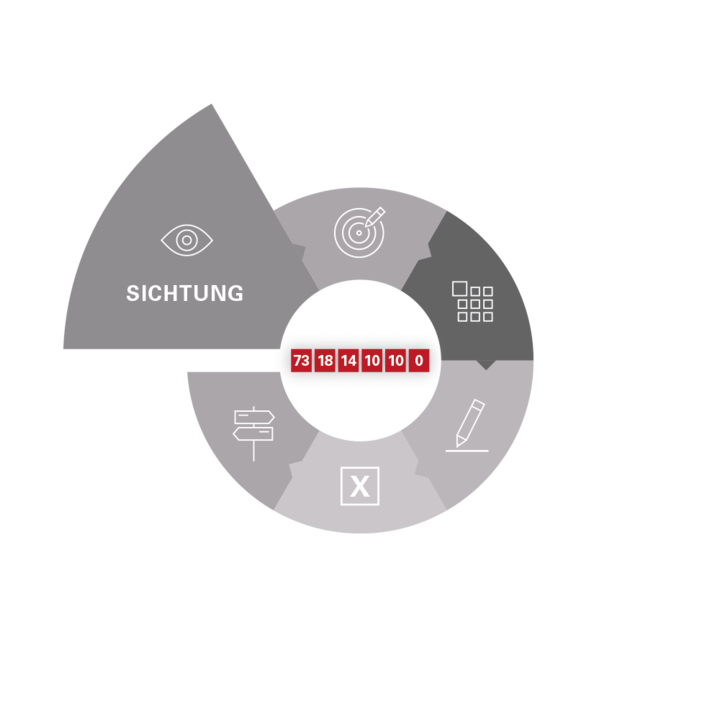 Infografik zur Phase „Sichtung“ im Prozesskreislauf. Ein Augen-Icon markiert das hervorgehobene graue Kreissegment. Im Zentrum steht eine rote Zahlenreihe von 73 bis 0.