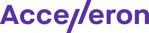 Unternehmenslogo von Accelleron: Der violette Schriftzug „Acce/leron“, wobei das „l“ als markanter Schrägstrich dargestellt ist.