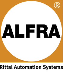 Unternehmenslogo: Der Schriftzug „ALFRA“ in einem weißen Kreis auf goldenem Grund, darunter steht „Rittal Automation Systems“.