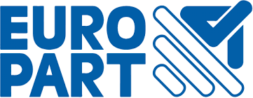 Unternehmenslogo von Europart: Der blaue Schriftzug „EURO PART“ links neben einem abstrakten, geometrischen Symbol aus drei diagonalen Balken.