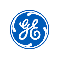 Das Logo von General Electric (GE): Das geschwungene Monogramm „ge“ in Weiß, platziert in einem blauen Kreis mit dekorativem, wirbelförmigem Rand.