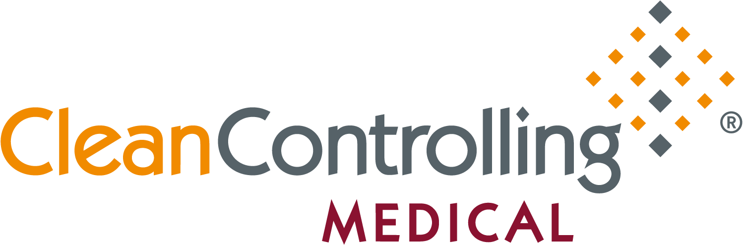 Logo von CleanControlling MEDICAL: Der Firmenname in Orange und Grau, darunter das Wort „MEDICAL“ in Weinrot. Rechts daneben ein Rautenmuster aus grauen und orangefarbenen Punkten.