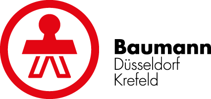 Logo von Baumann: Ein rotes, stempelartiges Symbol im Kreis neben dem schwarzen Schriftzug „Baumann“ und den Standorten „Düsseldorf“ und „Krefeld“.