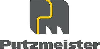 Logo von Putzmeister: Ein stilisiertes, dunkelgraues „PM“-Symbol mit einer geschwungenen gelben Linie im Zentrum. Darunter steht der Name „Putzmeister“ in fetten, grauen Buchstaben.