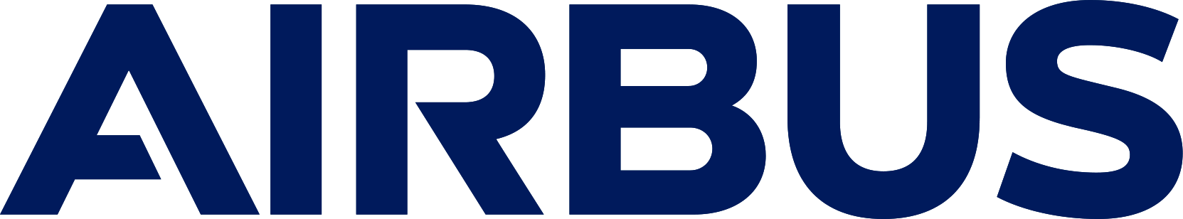 Das Logo des Unternehmens Airbus in Versalien. Der Schriftzug ist in einem dunklen Blauton gehalten und besticht durch ein klares, serifenloses Design.