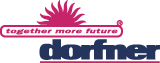 Logo von dorfner: Eine stilisierte pinke Sonne über dem Slogan „together more future“ in einem Rahmen. Darunter steht der Name „dorfner“ in fetten, dunkelblauen Kleinbuchstaben.