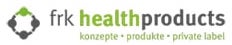 Logo von frk healthproducts: Eine quadratische Grafik aus vier verbundenen Punkten in Grün und Grau. Daneben steht der Firmenname mit dem Slogan „konzepte • produkte • private label“.