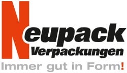 Logo von Neupack: Ein großes orangefarbenes „N“ geht in den schwarzen Schriftzug „eupack“ über. Darunter steht „Verpackungen“ und der Slogan „Immer gut in Form!“ mit einem orangefarbenen Ausrufezeichen.