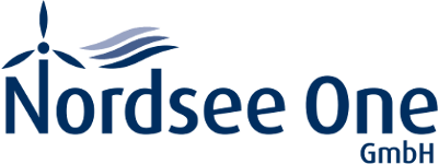 Logo von Nordsee One: Eine stilisierte dunkelblaue Windkraftanlage links neben dem Firmennamen. Über dem Schriftzug befinden sich drei dynamische Wellenlinien in verschiedenen Blautönen.